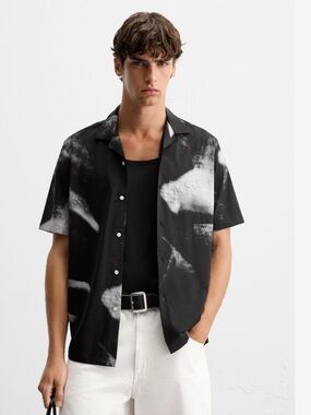 Short Sleeve Button-Up Shirt with White Print soft touch abstract paint strokes